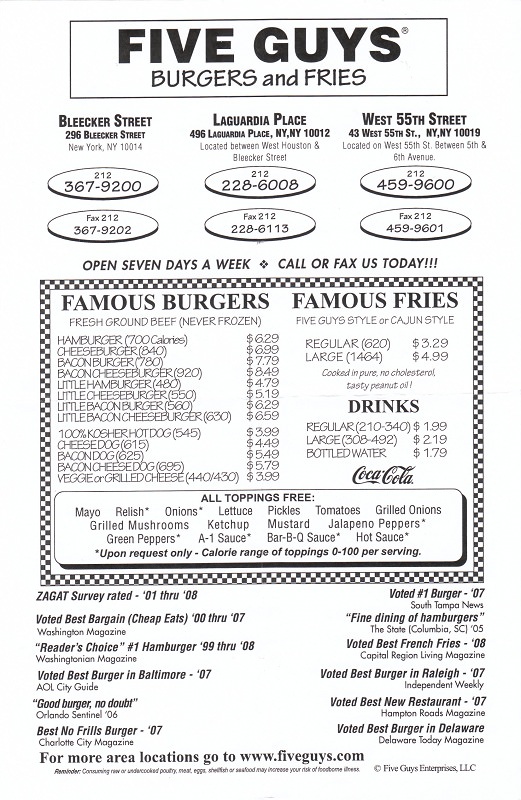 Μενού 5 Guys Burgers and Fries