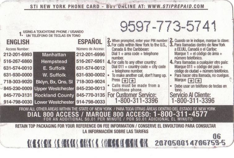 International Phone Card back